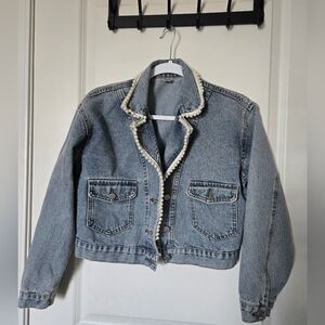 Denim Jacket with Pearl Trim